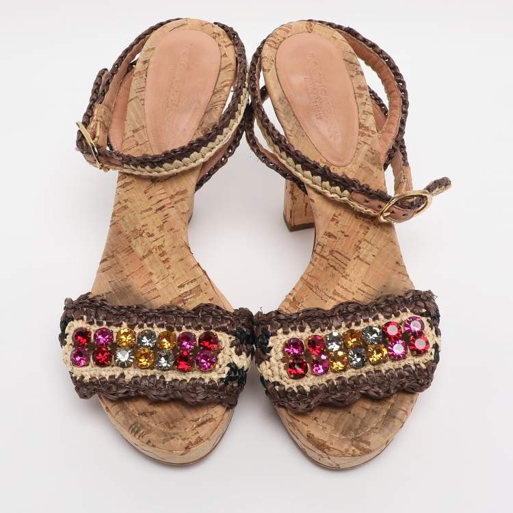 Pre Owned Dolce & Gabbana Beige/Brown Straw Crystal Embellished Ankle Strap Sandals Size 38