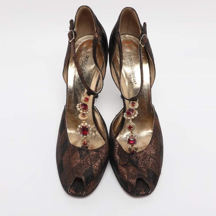 Pre Owned Dolce & Gabbana Metallic Lurex Fabric Peep Toe Ankle Strap Pumps Size 38.5