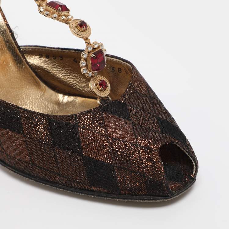 Pre Owned Dolce & Gabbana Metallic Lurex Fabric Peep Toe Ankle Strap Pumps Size 38.5