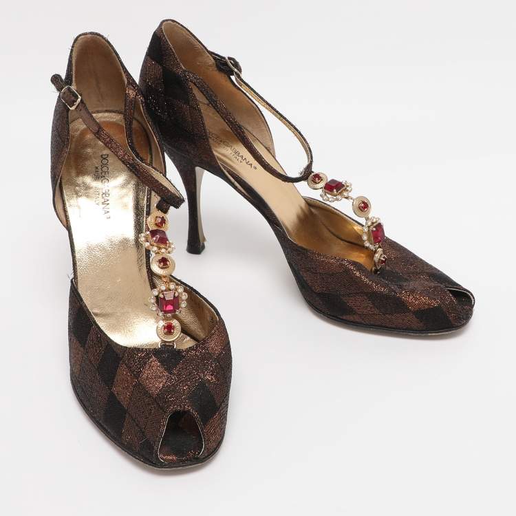 Pre Owned Dolce & Gabbana Metallic Lurex Fabric Peep Toe Ankle Strap Pumps Size 38.5