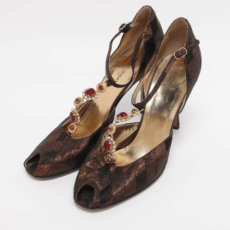 Pre Owned Dolce & Gabbana Metallic Lurex Fabric Peep Toe Ankle Strap Pumps Size 38.5