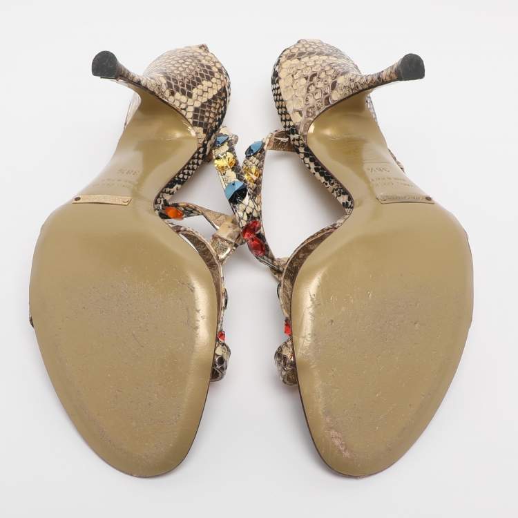 مملوكة مسبقًا Dolce & Gabbana Beige Python Leather Crystal Embellished Ankle Strap Sandals Size 38.5