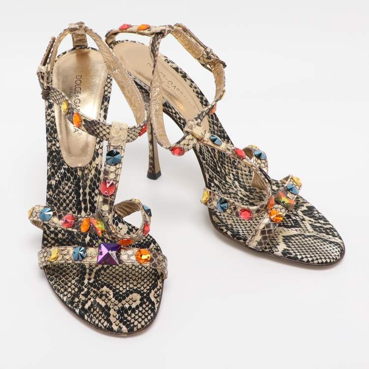 مملوكة مسبقًا Dolce & Gabbana Beige Python Leather Crystal Embellished Ankle Strap Sandals Size 38.5