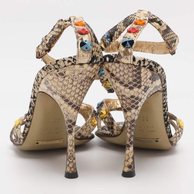 مملوكة مسبقًا Dolce & Gabbana Beige Python Leather Crystal Embellished Ankle Strap Sandals Size 38.5