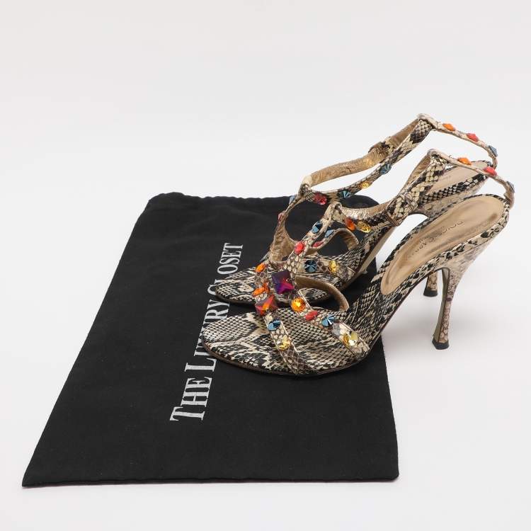 مملوكة مسبقًا Dolce & Gabbana Beige Python Leather Crystal Embellished Ankle Strap Sandals Size 38.5