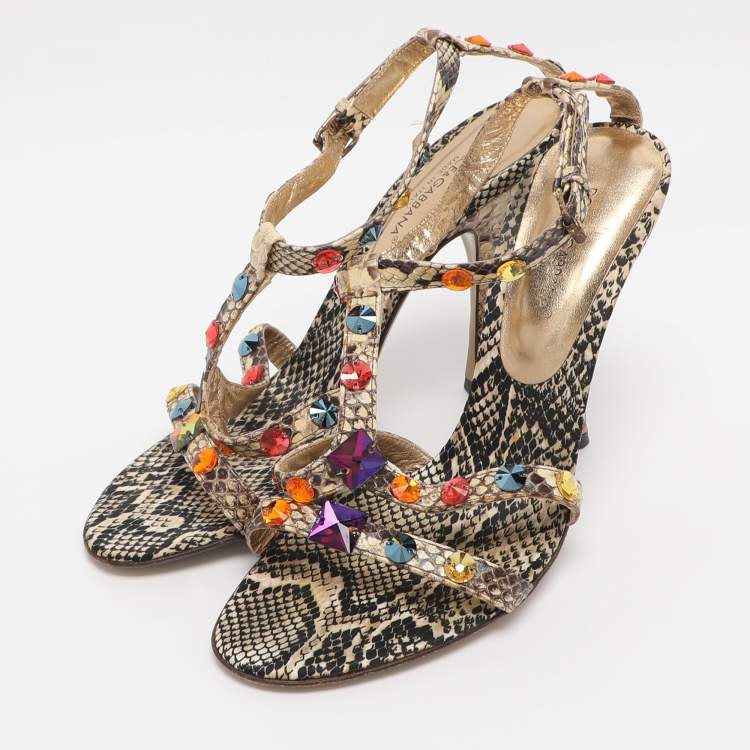 مملوكة مسبقًا Dolce & Gabbana Beige Python Leather Crystal Embellished Ankle Strap Sandals Size 38.5