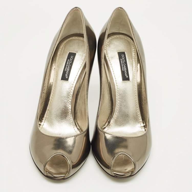 Pre Owned Dolce & Gabbana Metallic Leather Peep Toe Pumps Size 36.5