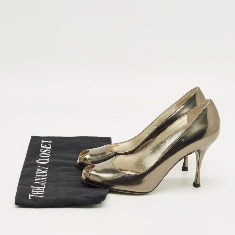 Pre Owned Dolce & Gabbana Metallic Leather Peep Toe Pumps Size 36.5