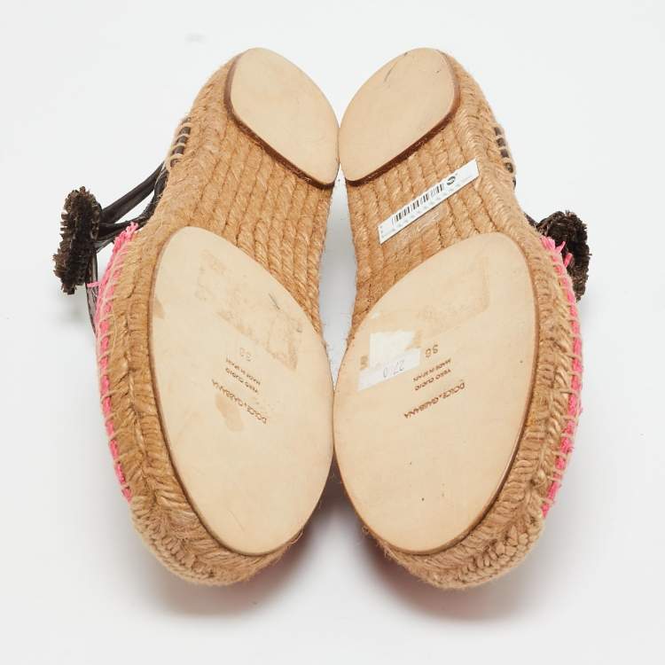 Pre Owned Dolce & Gabbana Multicolor Leather and Raffia Pineapple Kiwi Patch Espadrille Sandals Size 38