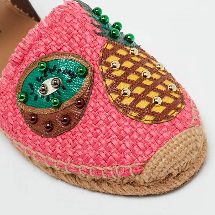 Pre Owned Dolce & Gabbana Multicolor Leather and Raffia Pineapple Kiwi Patch Espadrille Sandals Size 38