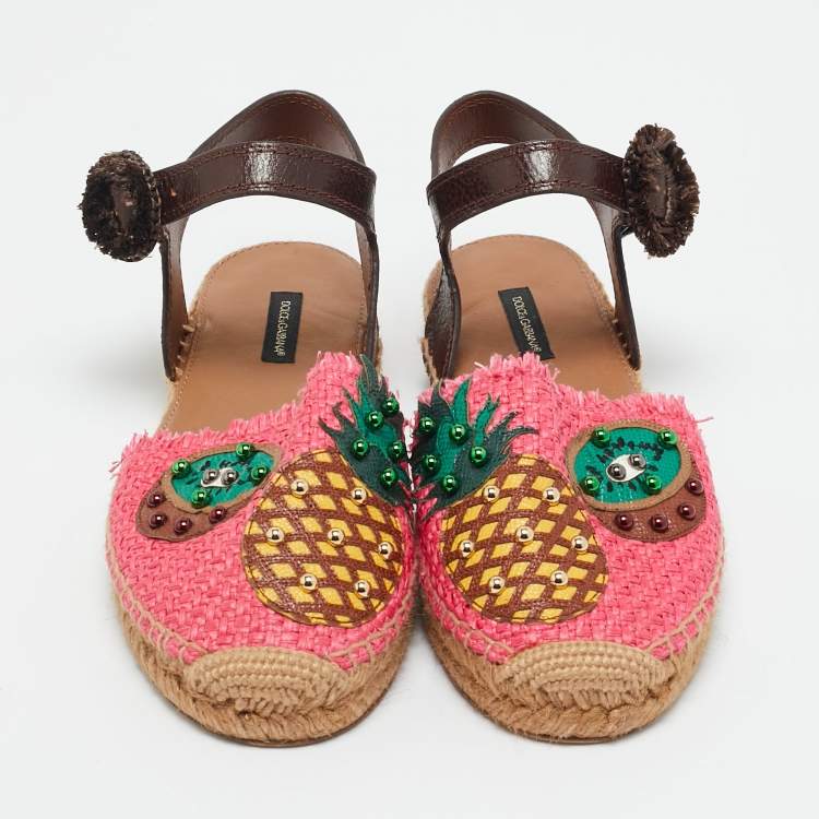 Pre Owned Dolce & Gabbana Multicolor Leather and Raffia Pineapple Kiwi Patch Espadrille Sandals Size 38