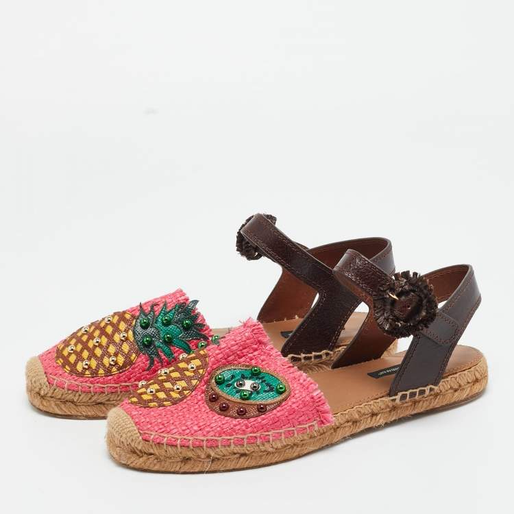 Pre Owned Dolce & Gabbana Multicolor Leather and Raffia Pineapple Kiwi Patch Espadrille Sandals Size 38