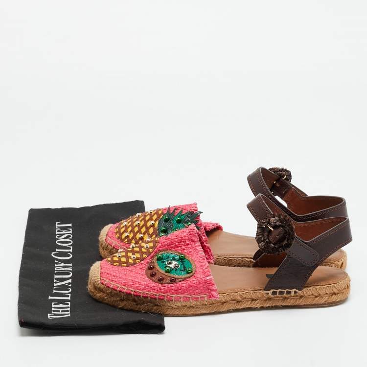 Pre Owned Dolce & Gabbana Multicolor Leather and Raffia Pineapple Kiwi Patch Espadrille Sandals Size 38