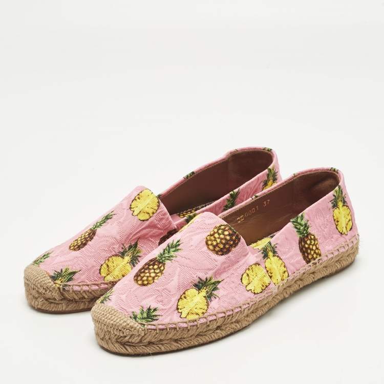 Pre Owned Dolce & Gabbana Pink/Yellow Pineapple Print Brocade Espadrilles Flats Size 37