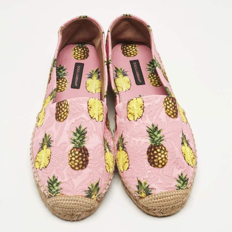 Pre Owned Dolce & Gabbana Pink/Yellow Pineapple Print Brocade Espadrilles Flats Size 37
