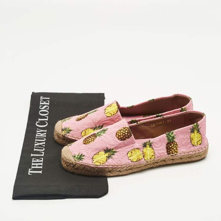 Pre Owned Dolce & Gabbana Pink/Yellow Pineapple Print Brocade Espadrilles Flats Size 37