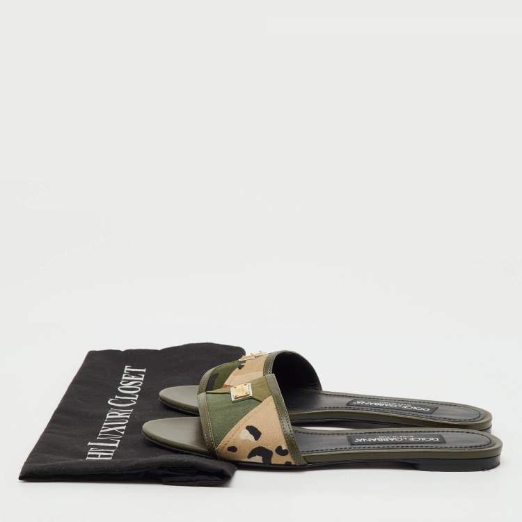 Pre Owned Dolce & Gabbana Olive Green Leather and Fabric Camouflage Flat Slide Sandals Size 38
