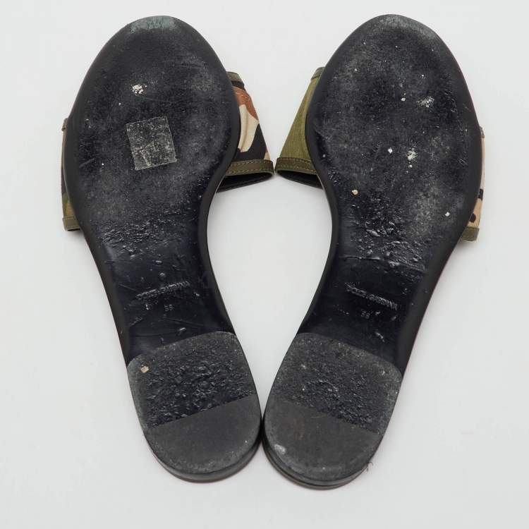 Pre Owned Dolce & Gabbana Olive Green Leather and Fabric Camouflage Flat Slide Sandals Size 38