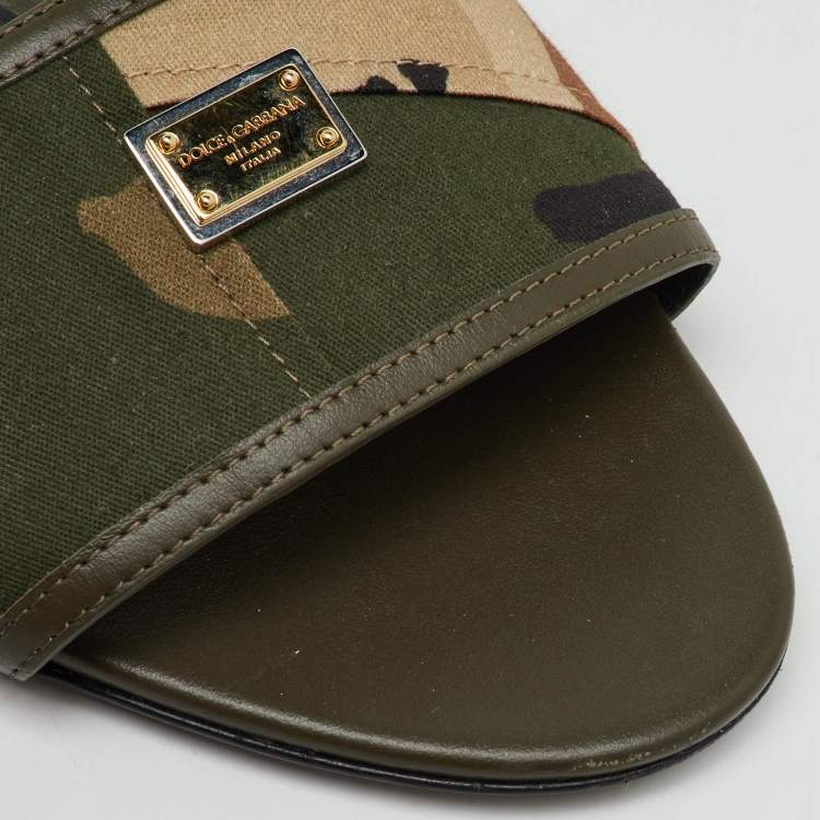 Pre Owned Dolce & Gabbana Olive Green Leather and Fabric Camouflage Flat Slide Sandals Size 38