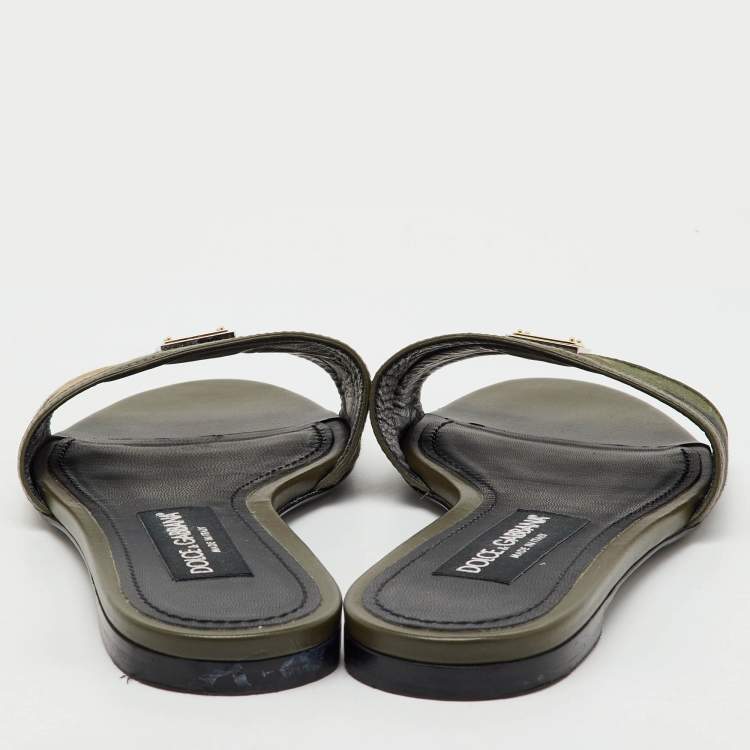 Pre Owned Dolce & Gabbana Olive Green Leather and Fabric Camouflage Flat Slide Sandals Size 38