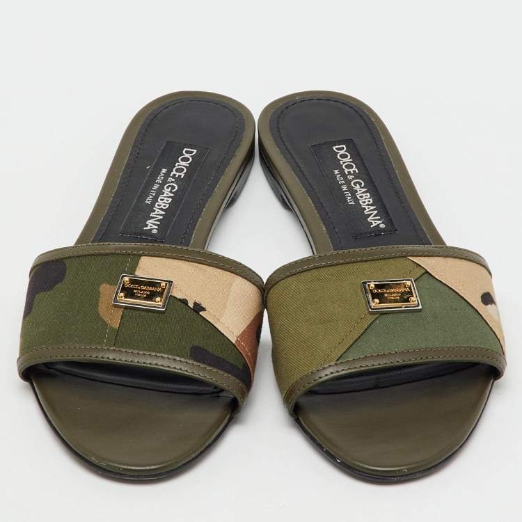 Pre Owned Dolce & Gabbana Olive Green Leather and Fabric Camouflage Flat Slide Sandals Size 38