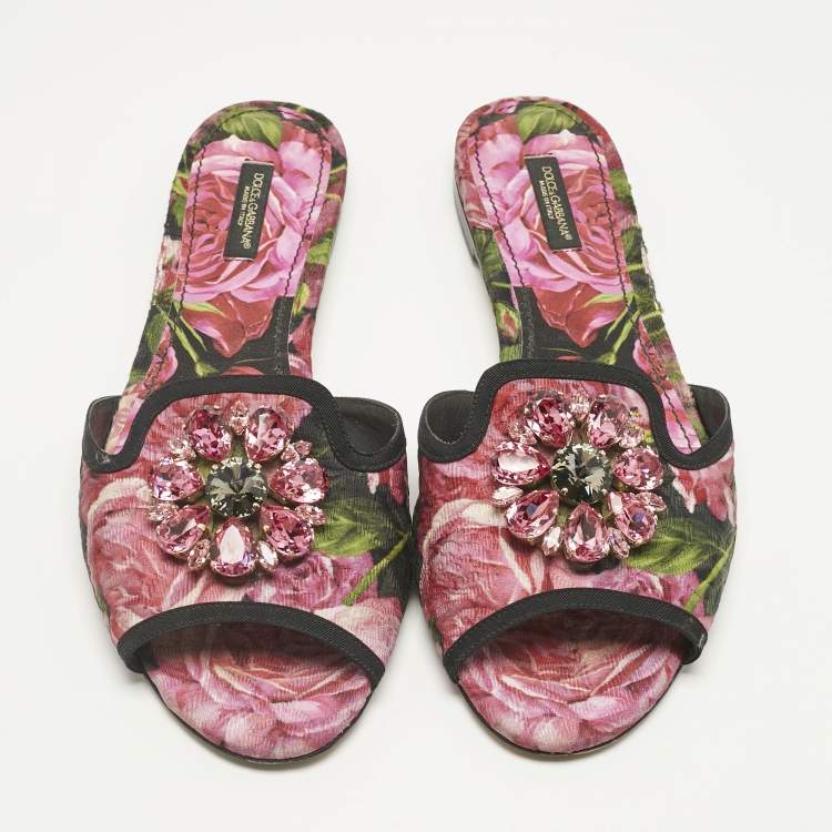 Pre Owned Dolce & Gabbana Multicolor Brocade Fabric DG Logo Flat Slides Size 39.5