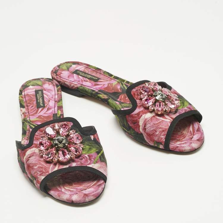 Pre Owned Dolce & Gabbana Multicolor Brocade Fabric DG Logo Flat Slides Size 39.5