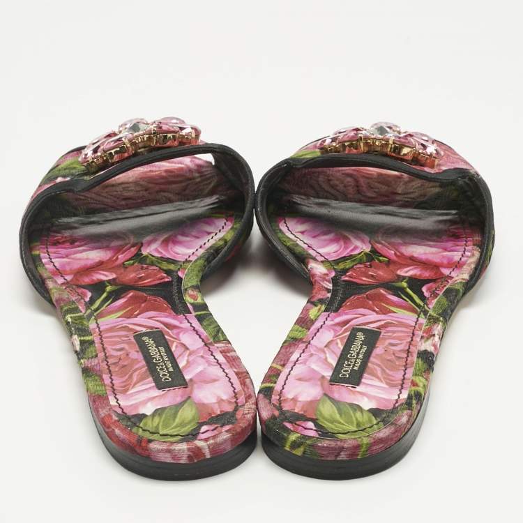 Pre Owned Dolce & Gabbana Multicolor Brocade Fabric DG Logo Flat Slides Size 39.5