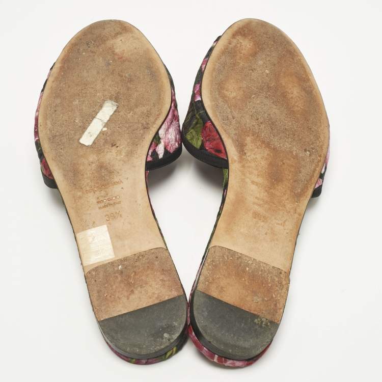 Pre Owned Dolce & Gabbana Multicolor Brocade Fabric DG Logo Flat Slides Size 39.5