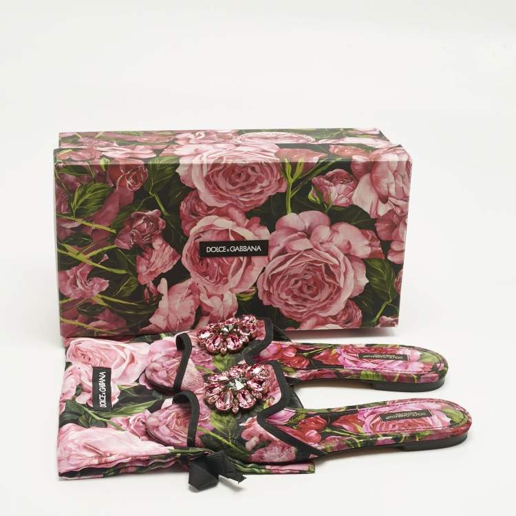 Pre Owned Dolce & Gabbana Multicolor Brocade Fabric DG Logo Flat Slides Size 39.5