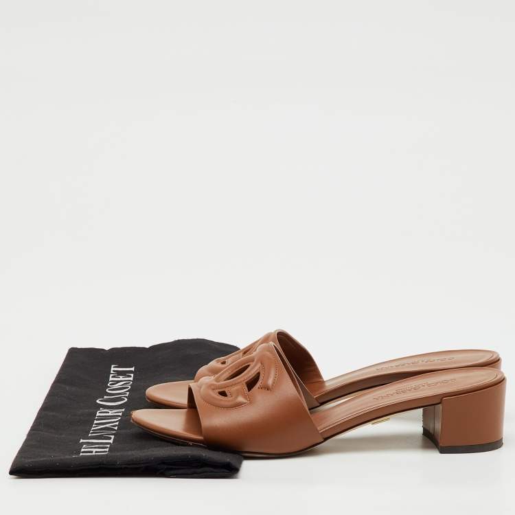 Pre Owned Dolce & Gabbana Brown Leather DG Cut Out Slide Sandals Size 37.5