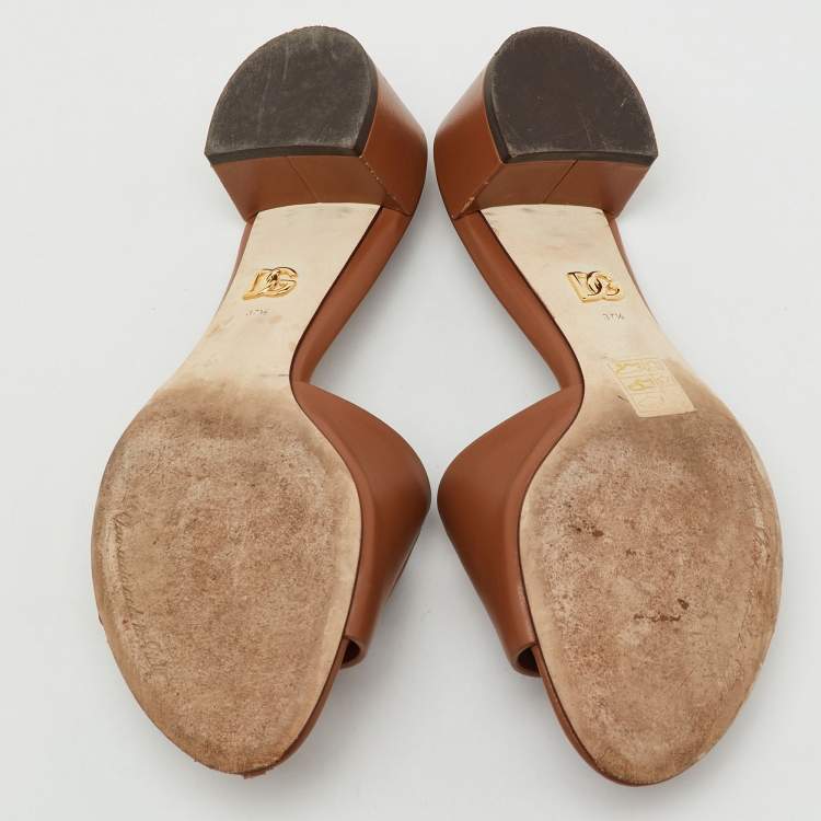 Pre Owned Dolce & Gabbana Brown Leather DG Cut Out Slide Sandals Size 37.5