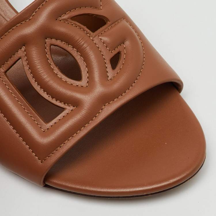 Pre Owned Dolce & Gabbana Brown Leather DG Cut Out Slide Sandals Size 37.5