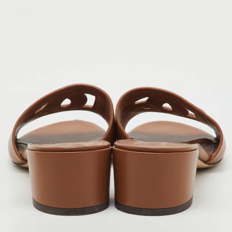 Pre Owned Dolce & Gabbana Brown Leather DG Cut Out Slide Sandals Size 37.5