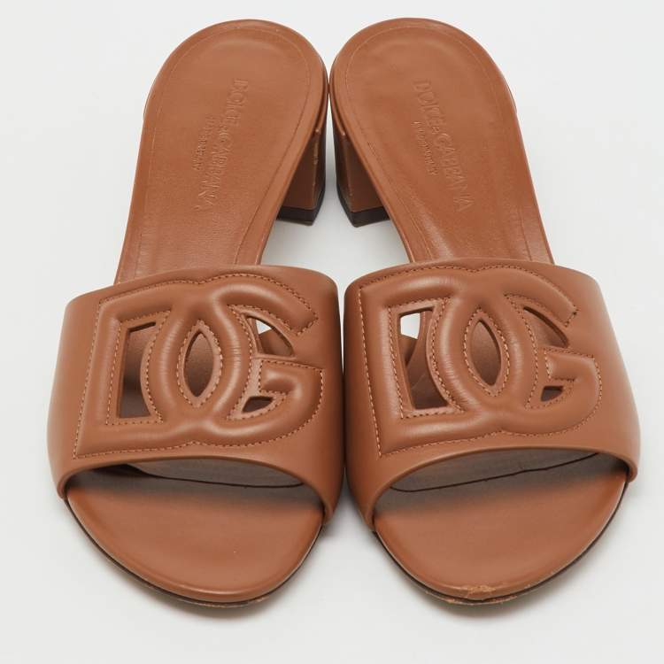 Pre Owned Dolce & Gabbana Brown Leather DG Cut Out Slide Sandals Size 37.5