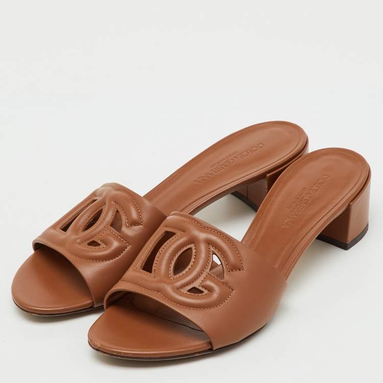 Pre Owned Dolce & Gabbana Brown Leather DG Cut Out Slide Sandals Size 37.5