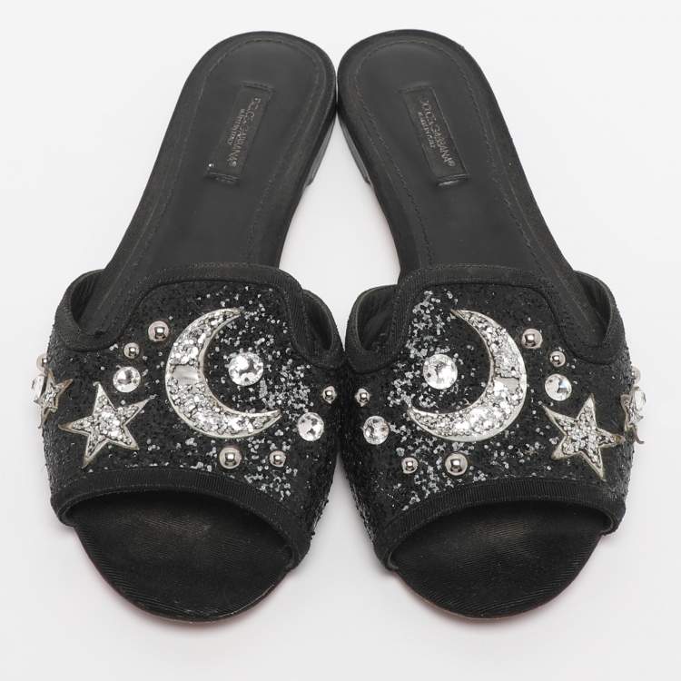 Pre Owned Dolce & Gabbana Black Glitter Bianca Star And Moon Embellished Slide Sandals Size 37