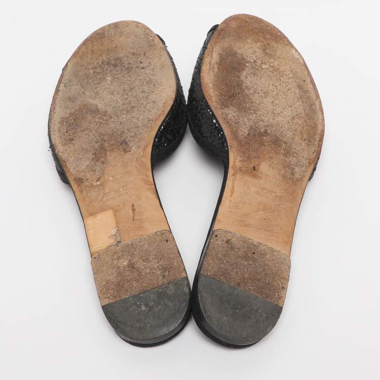 Pre Owned Dolce & Gabbana Black Glitter Bianca Star And Moon Embellished Slide Sandals Size 37