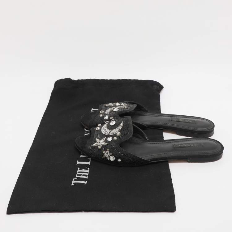 Pre Owned Dolce & Gabbana Black Glitter Bianca Star And Moon Embellished Slide Sandals Size 37