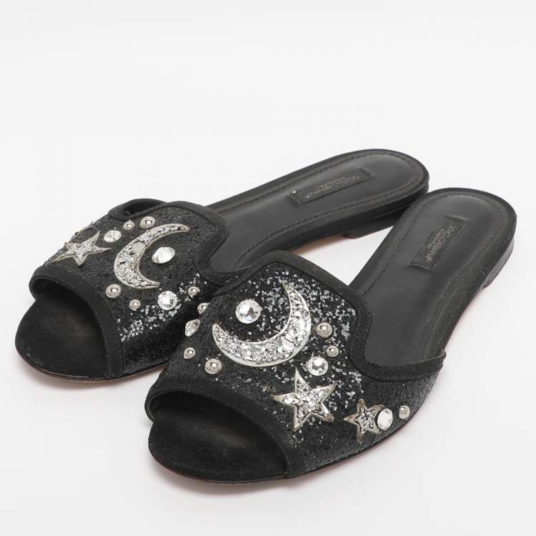Pre Owned Dolce & Gabbana Black Glitter Bianca Star And Moon Embellished Slide Sandals Size 37