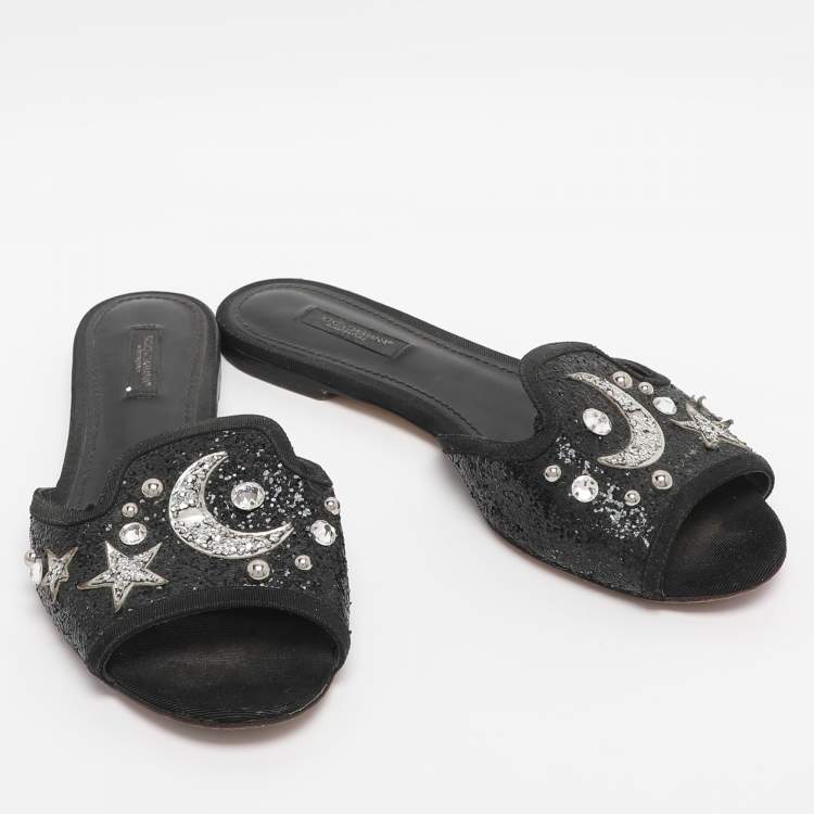 Pre Owned Dolce & Gabbana Black Glitter Bianca Star And Moon Embellished Slide Sandals Size 37