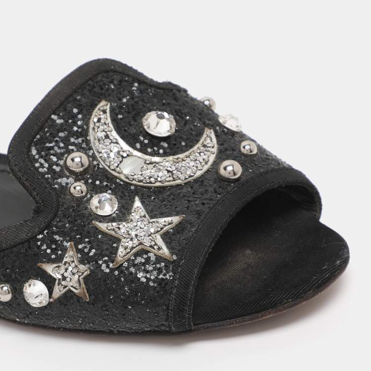 Pre Owned Dolce & Gabbana Black Glitter Bianca Star And Moon Embellished Slide Sandals Size 37