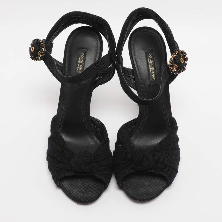 Pre Owned Dolce & Gabbana Black Knotted Mesh and Fabric Ankle Strap Sandals Size 37
