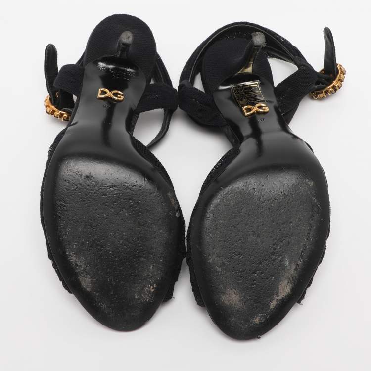 Pre Owned Dolce & Gabbana Black Knotted Mesh and Fabric Ankle Strap Sandals Size 37