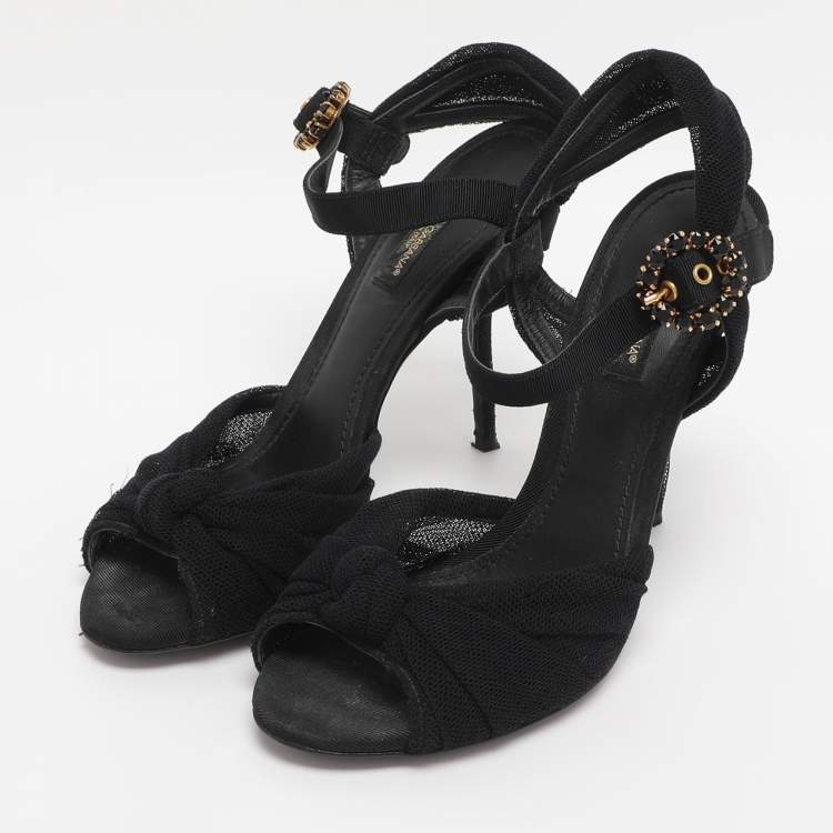 Pre Owned Dolce & Gabbana Black Knotted Mesh and Fabric Ankle Strap Sandals Size 37