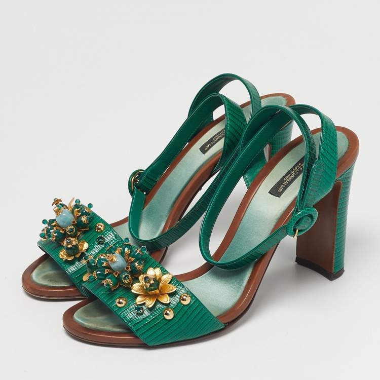 Pre Owned Dolce & Gabbana Green Lizard Embossed Leather Embellished Ankle Strap Sandals Size 40