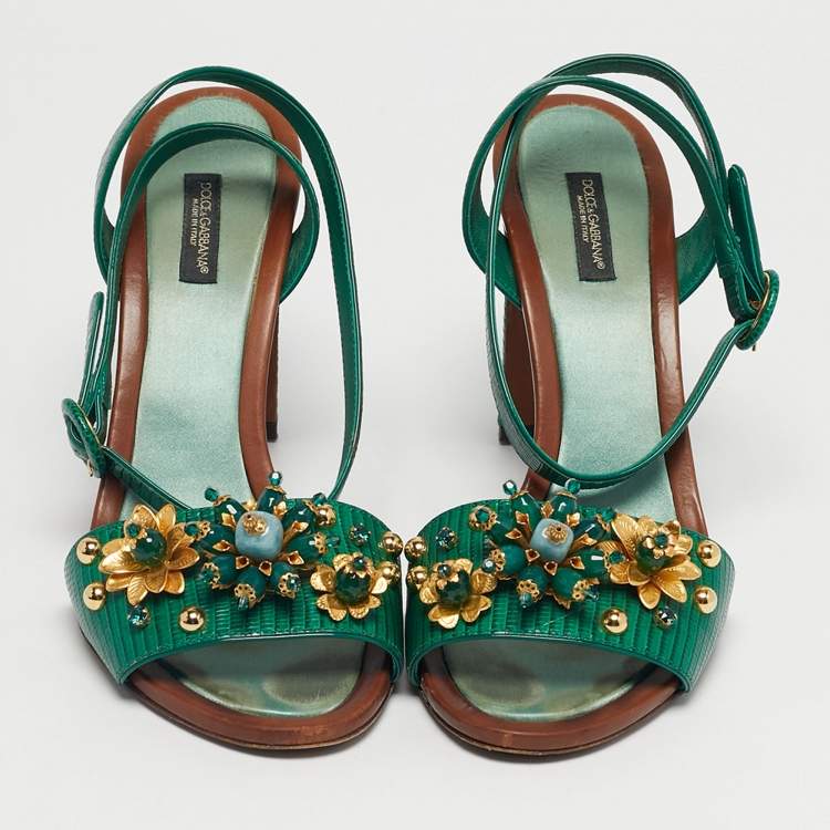 Pre Owned Dolce & Gabbana Green Lizard Embossed Leather Embellished Ankle Strap Sandals Size 40