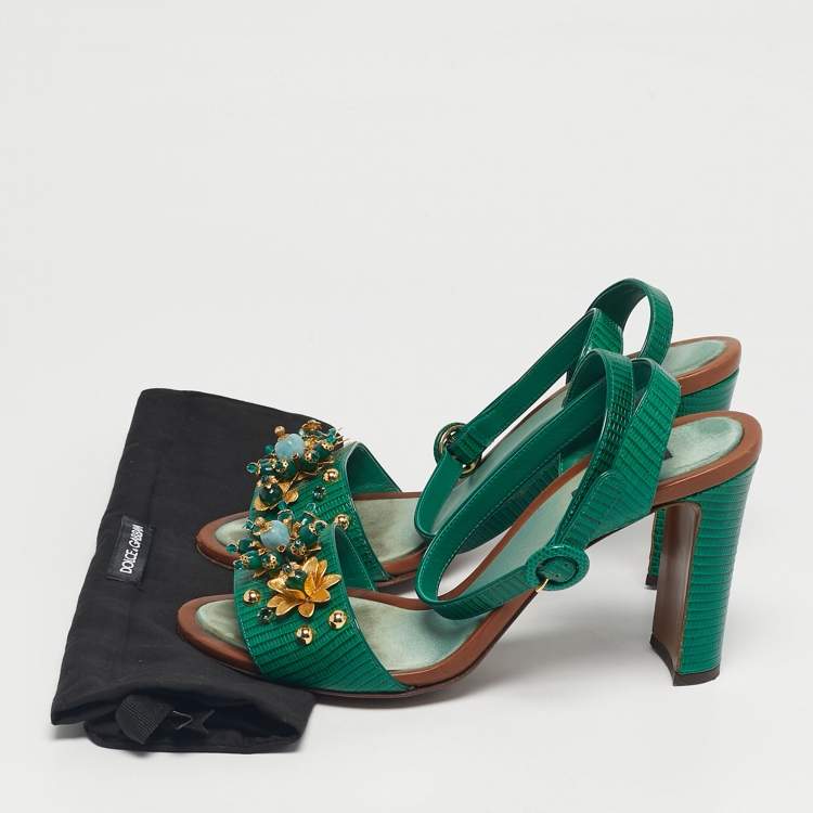 Pre Owned Dolce & Gabbana Green Lizard Embossed Leather Embellished Ankle Strap Sandals Size 40