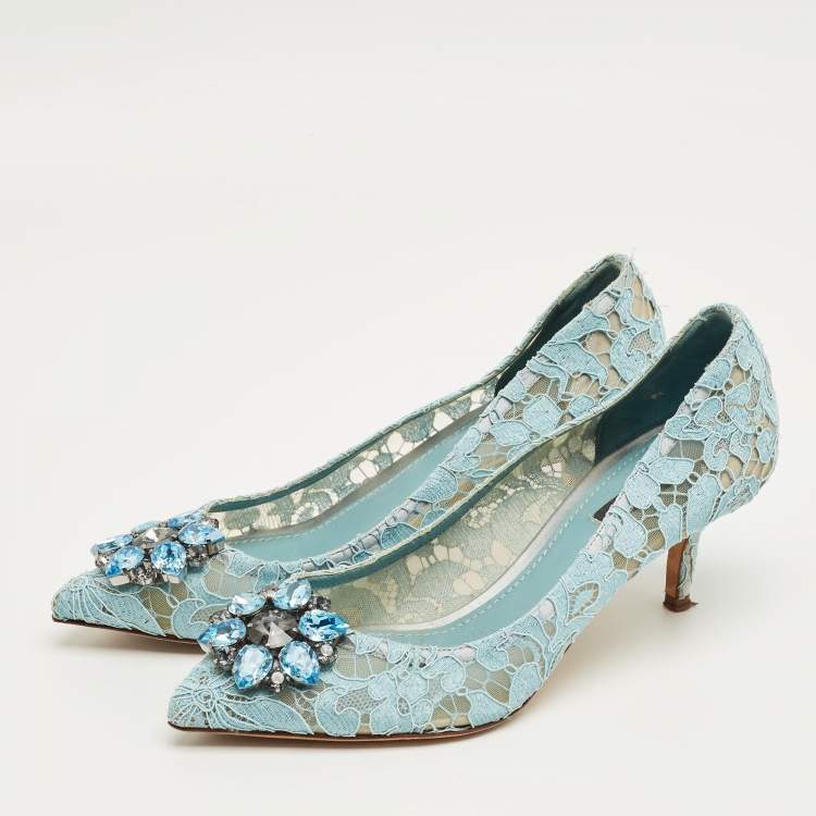 Pre Owned Dolce & Gabbana Blue Lace And Mesh Bellucci Crystal Embellished Pumps Size 39