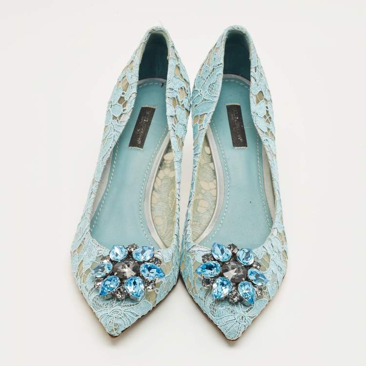 Pre Owned Dolce & Gabbana Blue Lace And Mesh Bellucci Crystal Embellished Pumps Size 39